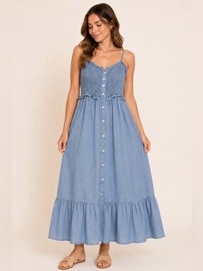Justify Chambray Denim Maxi Dress Smocked Button Front Size Medium